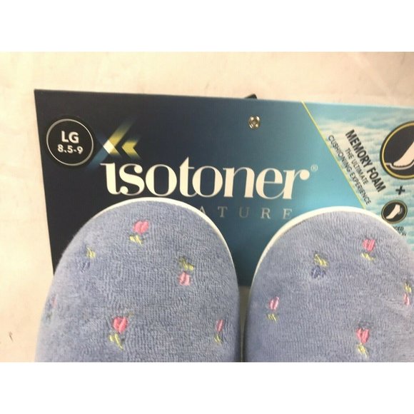 Isotoner Womens Blue with Pink Flowers Velour Memory Foam Slipper L (8.5-9} New - Picture 5 of 6